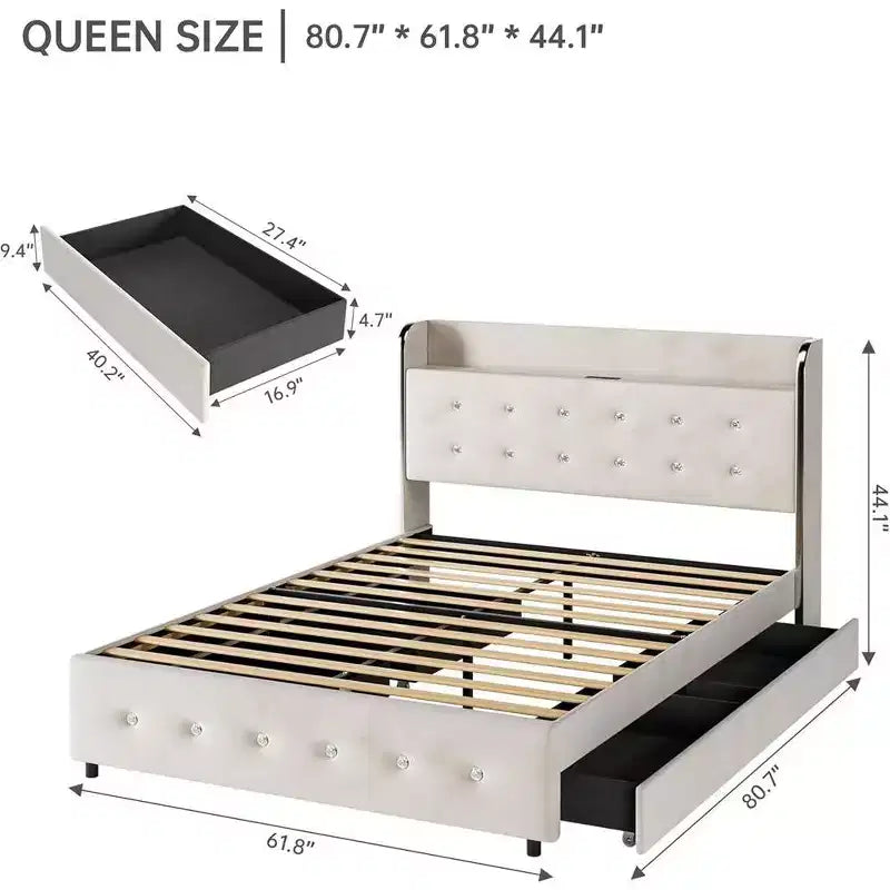 Struttura Letto Whizmax, Struttura Letto Imbottita con Letto Estraibile e 4 Cassetti Contenitori, Struttura Letto con Testiera Trapuntata a Diamante, Nessuna Rete a Molle Necessaria