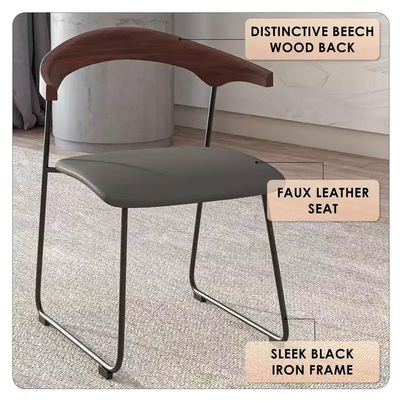 LeisureMod Lyra Series - Set di 2 sedie da pranzo moderne imbottite con sedile in pelle, schienale in faggio e gambe in ferro, per cucina moderna, sala da pranzo, casa, caffè