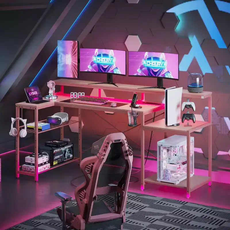Scrivania da gaming Bestier 71.5 a LED con presa di corrente, scrivania ad L per computer con supporto per monitor