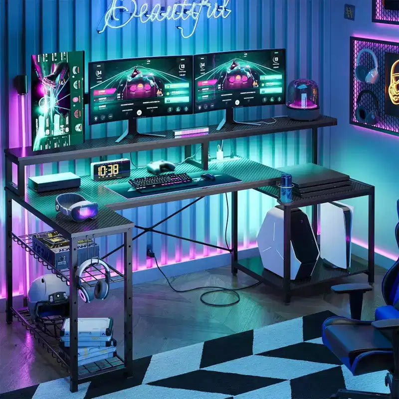 Scrivania da gaming Bestier 71.5 a LED con presa di corrente, scrivania ad L per computer con supporto per monitor