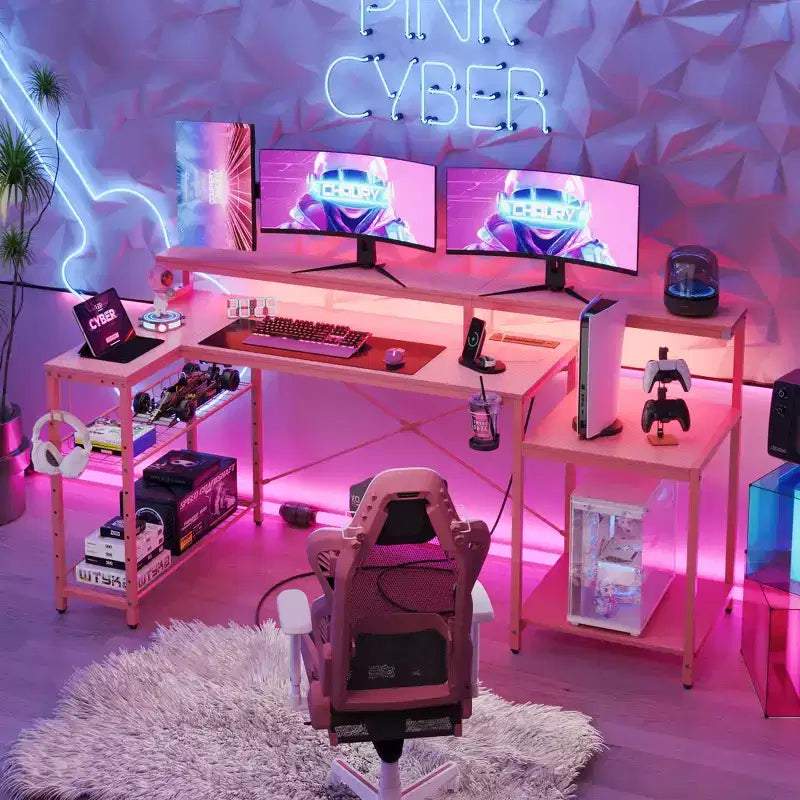 Scrivania da gaming Bestier 71.5 a LED con presa di corrente, scrivania ad L per computer con supporto per monitor