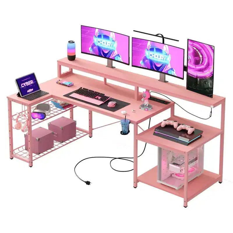 Scrivania da gaming Bestier 71.5 a LED con presa di corrente, scrivania ad L per computer con supporto per monitor