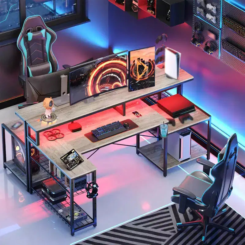 Scrivania da gaming Bestier 71.5 a LED con presa di corrente, scrivania ad L per computer con supporto per monitor