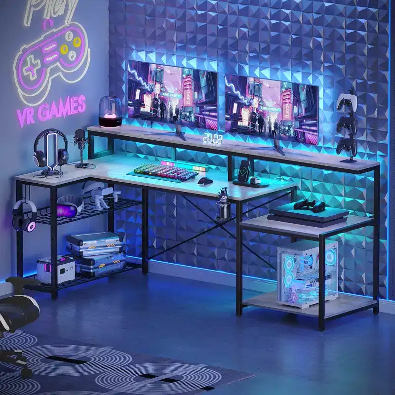 Scrivania da gaming Bestier 71.5 a LED con presa di corrente, scrivania ad L per computer con supporto per monitor