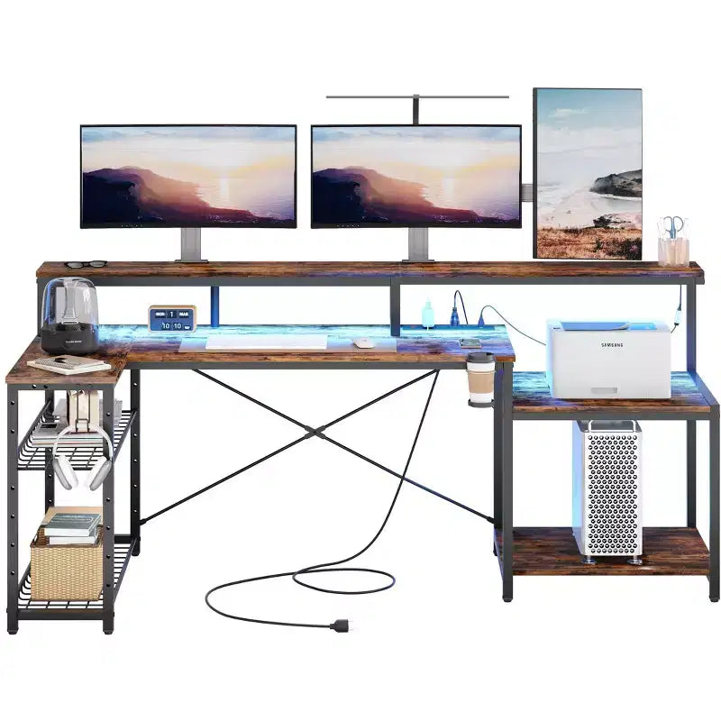 Scrivania da gaming Bestier 71.5 a LED con presa di corrente, scrivania ad L per computer con supporto per monitor