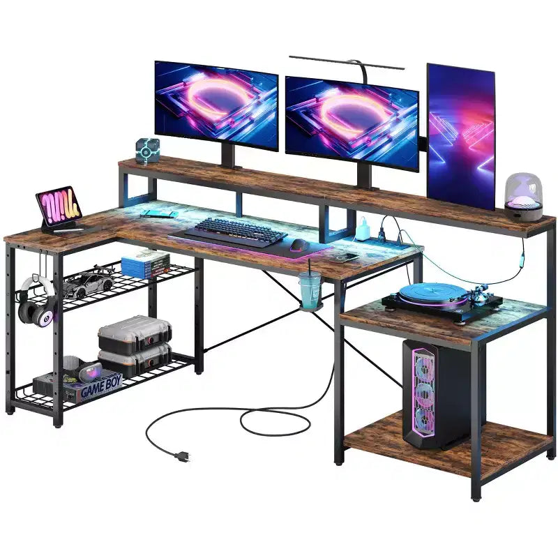 Scrivania da gaming Bestier 71.5 a LED con presa di corrente, scrivania ad L per computer con supporto per monitor