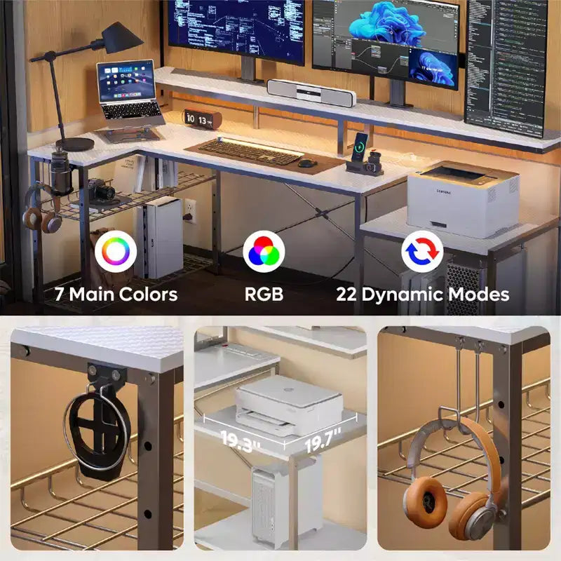 Scrivania da gaming Bestier 71.5 a LED con presa di corrente, scrivania ad L per computer con supporto per monitor