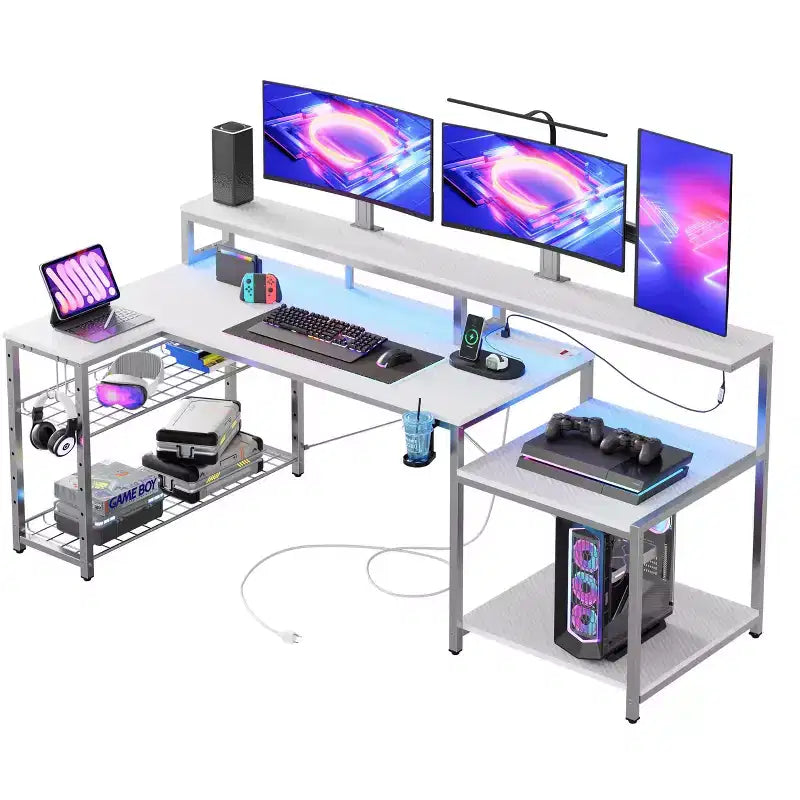Scrivania da gaming Bestier 71.5 a LED con presa di corrente, scrivania ad L per computer con supporto per monitor