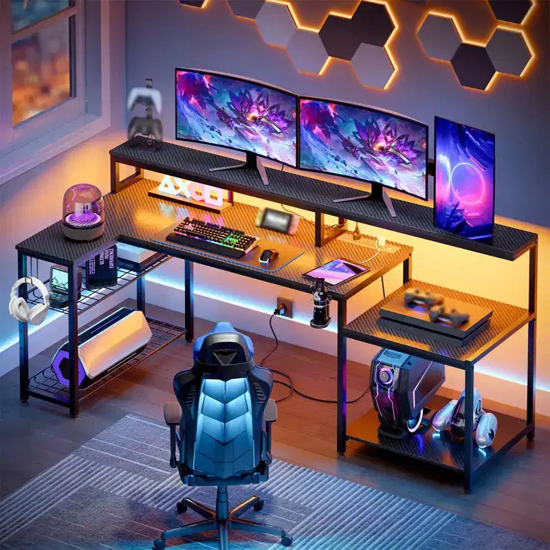 Scrivania da gaming Bestier 71.5 a LED con presa di corrente, scrivania ad L per computer con supporto per monitor