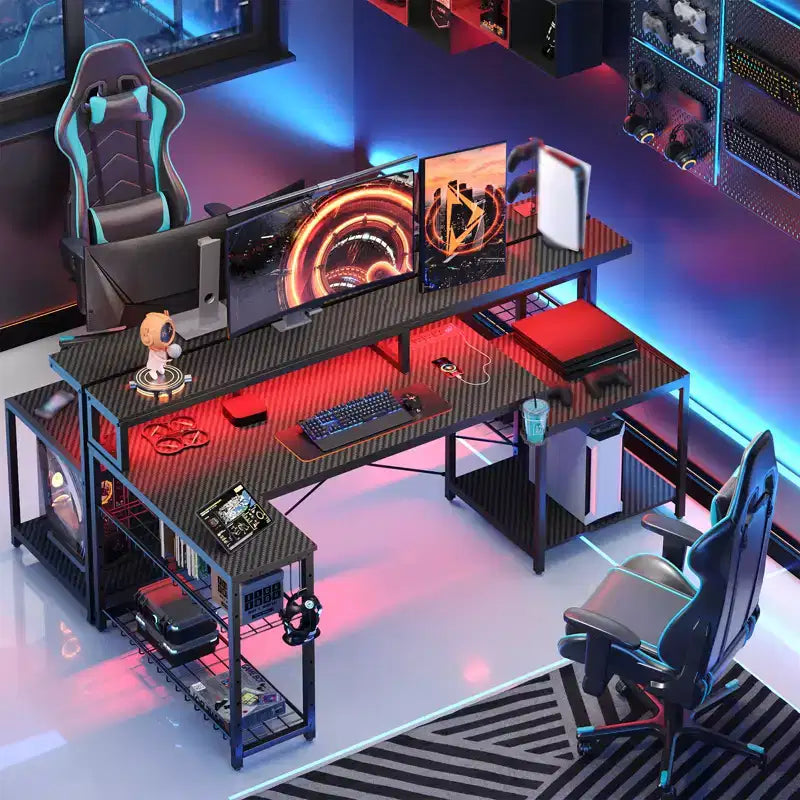 Scrivania da gaming Bestier 71.5 a LED con presa di corrente, scrivania ad L per computer con supporto per monitor