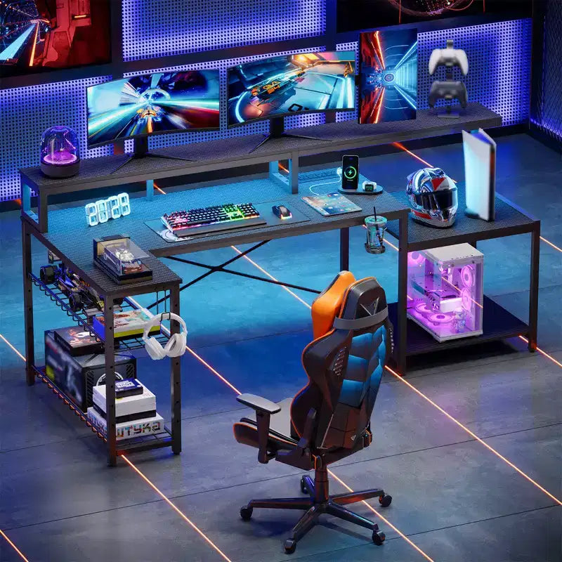 Scrivania da gaming Bestier 71.5 a LED con presa di corrente, scrivania ad L per computer con supporto per monitor