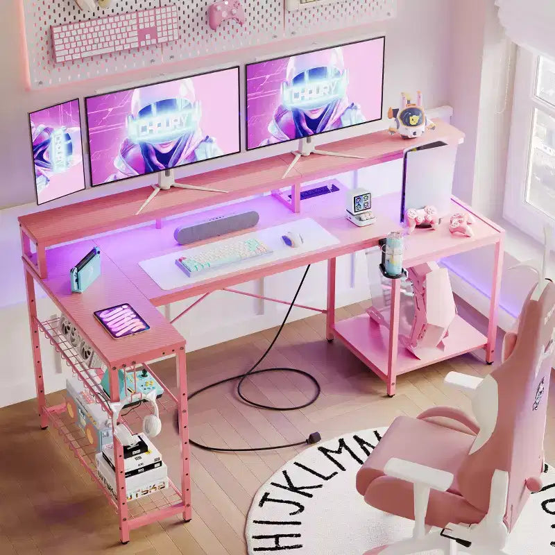 Scrivania da gaming Bestier 71.5 a LED con presa di corrente, scrivania ad L per computer con supporto per monitor