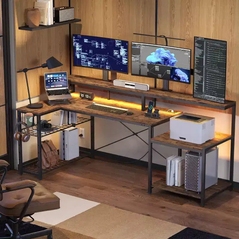 Scrivania da gaming Bestier 71.5 a LED con presa di corrente, scrivania ad L per computer con supporto per monitor