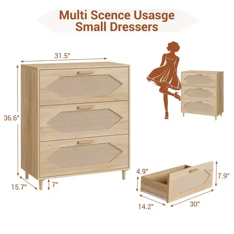 Garvee Comodino/Cassettiera a 3 Cassetti per Camera da Letto, Cassettiera con Frontale in Rattan, Comodino/Mobiletto Contenitore in Legno Rustico per Soggiorno/Ingresso