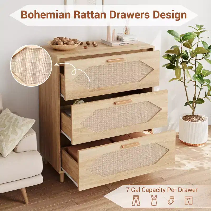 Garvee Comodino/Cassettiera a 3 Cassetti per Camera da Letto, Cassettiera con Frontale in Rattan, Comodino/Mobiletto Contenitore in Legno Rustico per Soggiorno/Ingresso