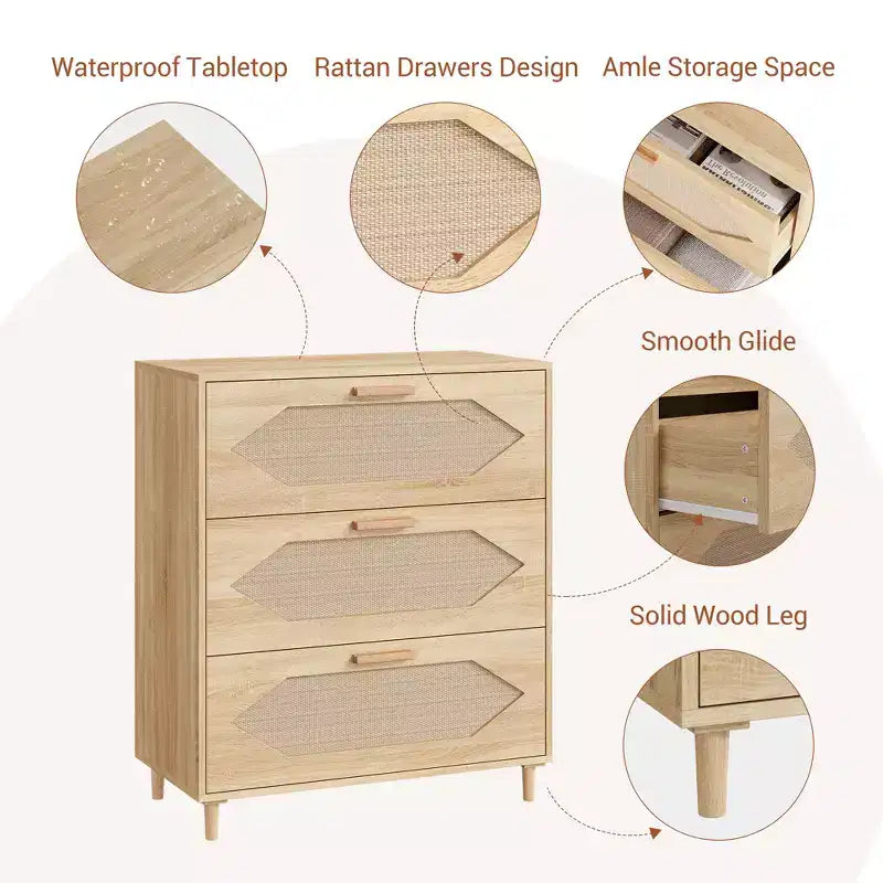 Garvee Comodino/Cassettiera a 3 Cassetti per Camera da Letto, Cassettiera con Frontale in Rattan, Comodino/Mobiletto Contenitore in Legno Rustico per Soggiorno/Ingresso