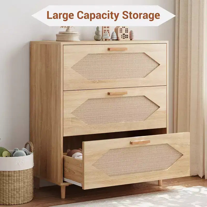 Garvee Comodino/Cassettiera a 3 Cassetti per Camera da Letto, Cassettiera con Frontale in Rattan, Comodino/Mobiletto Contenitore in Legno Rustico per Soggiorno/Ingresso