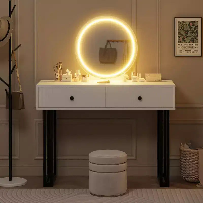 Toeletta con specchio e luci, mobile trucco da 101 cm con 3 colori di illuminazione e luminosità regolabile