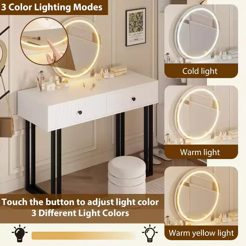 Toeletta con specchio e luci, mobile trucco da 101 cm con 3 colori di illuminazione e luminosità regolabile